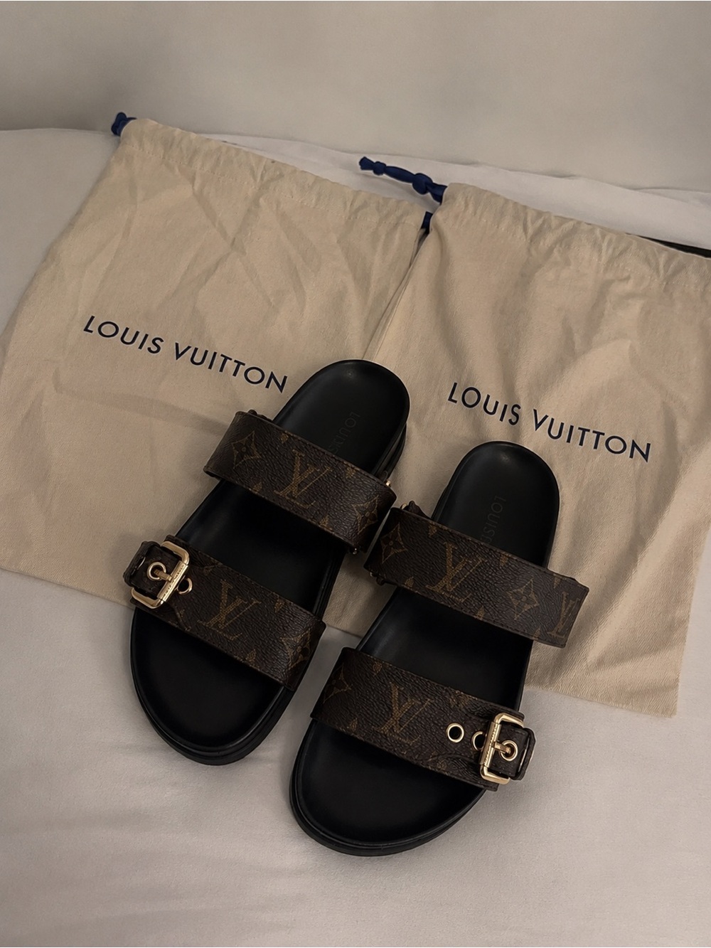 Louis Vuitton Brown Monogram Double-Strap Men’s Slides with Gold Buckles